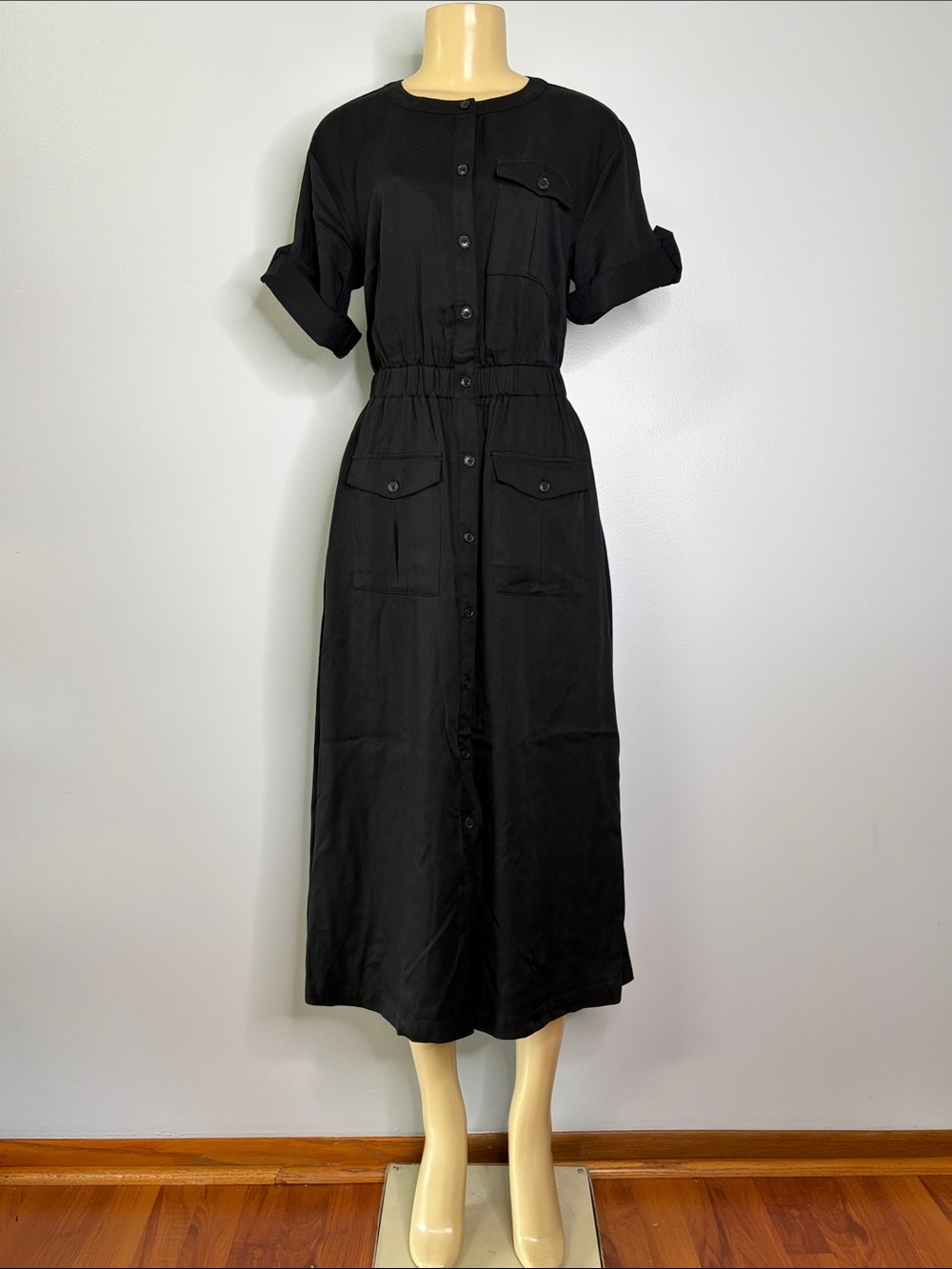 Loft Black Button-Front Utility Midi Dress Size 2